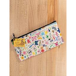 Blue Q Zipper Pencil Pouch - Doodle Party, 8-1/2" x 4-1/4", on table