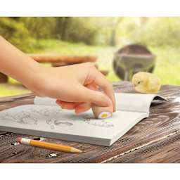 Fred Scribbled Eggs Erasers (Egg eraser in use, erasing pencil drawing)