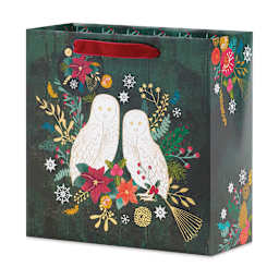 The Gift Wrap Company Gift Bag - Snow Owls (front of bag, angled view)