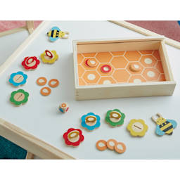 Petit Collage Save the Bees Wooden Game, open box with game pieces