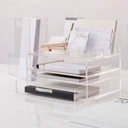 Russell and Hazel Acrylic Desk Accessories (Acrylic Inbox stacked with Inbox and Drawer, Shown with sample accessories)