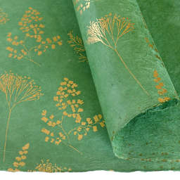 LAMALI Decorative Lokta Paper, 20 in x 30 in, Botanic, Green, Gold Silkscreen
