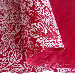 LAMALI Decorative Lokta Paper, 20 in x 30 in, Thrush & Strawberries, Sanguine, White Silkscreen