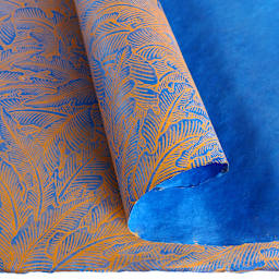 LAMALI Decorative Lokta Paper, 20 in x 30 in, Greenery Medium, Blue, Rust Silkscreen