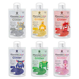 Abroli MonsterColor Washable Tempera Paint and Sets - Set of 8, Glitter, pouches out of packaging