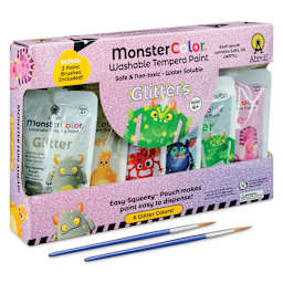 Abroli MonsterColor Washable Tempera Paint and Sets - Set of 8, Glitter, brushes out of packaging