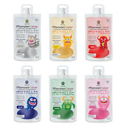 Abroli MonsterColor Washable Tempera Paint and Sets - Set of 8, Metallic Colors, pouches out of packaging