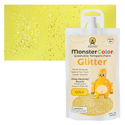 Abroli MonsterColor Washable Tempera Paint - Gold Glitter, 5 oz Pouch and swatch