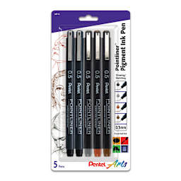 Pentel Arts Pointliner Pen Set 5-Pen Assorted Color Set - 2 Black, Grey, Sanguine, Sepia Ink