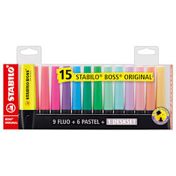 BOSS ORIGINAL Highlighters Set 15-Color (9 Fluorescent & 6 Pastel) Desk Set