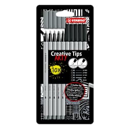 Multi-liner STABILO Creative Tips Sets 10-Piece ARTY Wallet Set - One each of Black and Medium Cold Grey fineliner in 0.2mm, 0.4mm, 0.7mm, 1mm and brush tips.