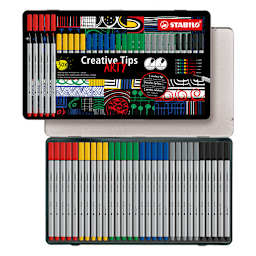 Multi-liner STABILO Creative Tips Sets 30-Piece ARTY Metal Tin Set - One each of Ultramarine, Green, Yellow, Black, Carmine and Medium Cold Grey fineliner in 0.2mm, 0.4mm, 0.7mm, 1mm and brush tips.