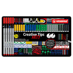 Multi-liner STABILO Creative Tips Sets 30-Piece ARTY Metal Tin Set - One each of Ultramarine, Green, Yellow, Black, Carmine and Medium Cold Grey fineliner in 0.2mm, 0.4mm, 0.7mm, 1mm and brush tips.