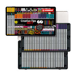Multi-liner STABILO Creative Tips Sets 50-Piece ARTY Metal Tin Set - One each of Purple, Prussian Blue, Pale Vermillion, Mud Green, Yellow, Black, Turquoise Blue, Plum, Dark Ochre and Medium Cold Grey fineliner in 0.2mm, 0.4mm, 0.7mm, 1mm and brush tips.