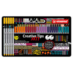 Multi-liner STABILO Creative Tips Sets 50-Piece ARTY Metal Tin Set - One each of Purple, Prussian Blue, Pale Vermillion, Mud Green, Yellow, Black, Turquoise Blue, Plum, Dark Ochre and Medium Cold Grey fineliner in 0.2mm, 0.4mm, 0.7mm, 1mm and brush tips.