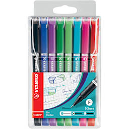 SENSOR Fineliner Pen Wallet Sets 8-Pen Set - Green, Red, Blue, Light Green, Black, Turquoise, Pink & Lilac - Peggable
