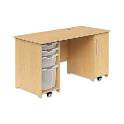 Whitney Brothers Teachers Desk front view showing plastic storage bins and locking door