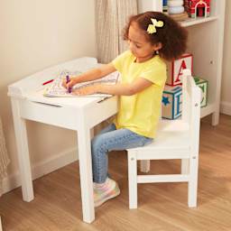 Melissa & Doug Lift Top Desk and Chair - White (Model sitting at desk for size reference)