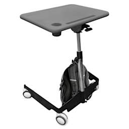 Kore Design Kids Sit-Stand Mobile Student Desk - Grey with backpack hanging on the hook