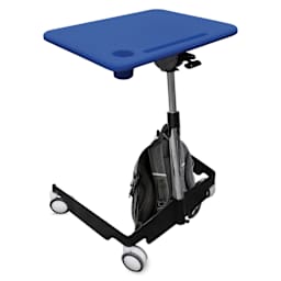 Kore Design Kids Sit-Stand Mobile Student Desk - Blue with a backpack on hook