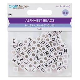 Craft Medley Alphabet Beads - White with Black Letters, Package of 68 (In packaging)