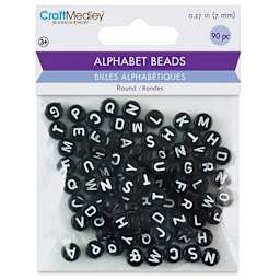 Craft Medley Alphabet Beads - Black with White Letters, Package of 90 (In packaging)