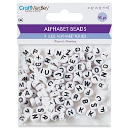 Craft Medley Alphabet Beads - White with Black Letters, Package of 90 (In packaging)