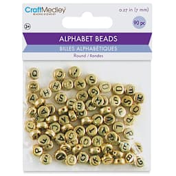Craft Medley Alphabet Beads - Metallic Gold with Black Letters, Package of 90 (In packaging)