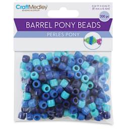 Craft Medley Barrel Pony Beads - The Blues, Package of 200 (In packaging)