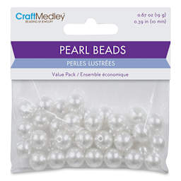 Craft Medley Pearl Acrylic Beads - White, 10 mm, Package of 40 (In packaging)