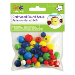 Krafty Kids Wood Beads - Round, Assorted Colors, Package of 50 (In packaging)