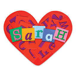 Roylco Alphabet Pasting Pieces - Various letter fonts spelling Sarah shown on Heart