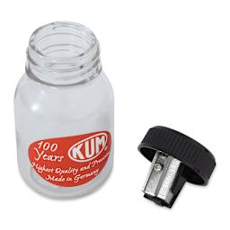 Kum Glass Pencil Sharpener - Jar open with sharpener mechanism adjacent