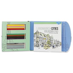 Landmarks & Cities Coloring Kit - Kit open showing Coloring Pad and pencils
