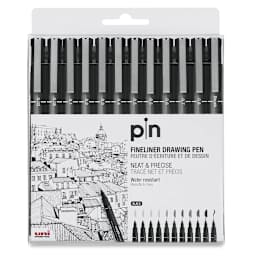 Uni Pin Fine Liner Pen Sets - Front of package of set of 12 pens shown