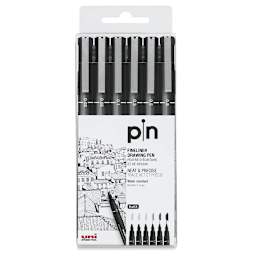 Uni Pin Fine Liner Pen Sets - Front of package of set of 6 pens shown