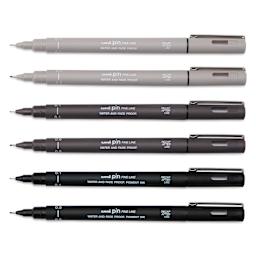 Uni Pin Fine Liner Pen - Set of 6, Black and Gray, cap off