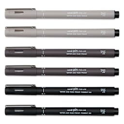 Uni Pin Fine Liner Pen - Set of 6, Black and Gray, cap on