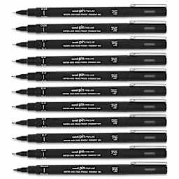 Uni Pin Fine Liner Pen Sets - Range of size pens available shown horizontally