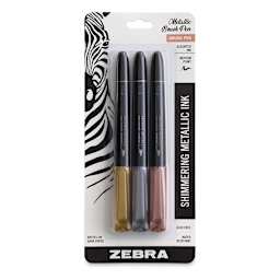 Zebra Metallic Brush Pen Set - Front of blister package of 3 Assorted Colors
