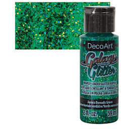 DecoArt Galaxy Glitter Paint - Aurora Borealis Green, 2 oz bottle and swatch