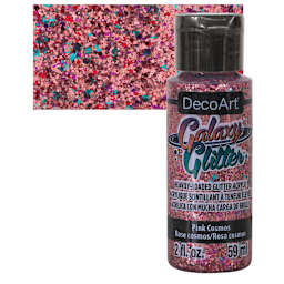 DecoArt Galaxy Glitter Paint - Pink Cosmos, 2 oz bottle and swatch