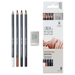 Winsor & Newton Studio Collection Sketching Pencils - Set of 5, contents next to packaging
