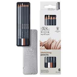 Winsor & Newton Studio Collection Sketching Pencils - Set of 6, contents next to packaging