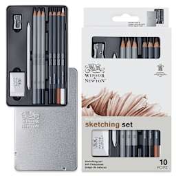 Winsor & Newton Studio Collection Sketching Pencils - Set of 10, contents next to packaging