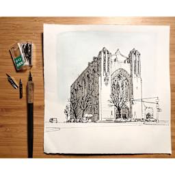 Zebra Comic Pen Nibs - Model G, Pkg of 10 (ink drawing of church with nibs and pen holder)