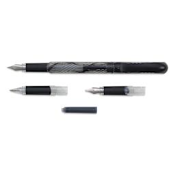 Manuscript Clarity Fountain Pen Set - Assorted Nibs, Set of 6, Strong Black, pen broken apart with nib attached