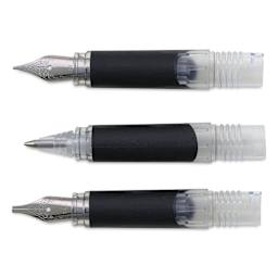 Manuscript Clarity Fountain Pen Set - Assorted Nibs, Set of 6, Strong Black, iridium nib, calligraphy nib, and rollerball nib