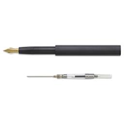 Tom's Studio Pocket Fountain Pen - Black, Extra Fine Semi-Flex Nib, pen uncapped and ink syringe