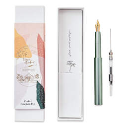 Tom's Studio Pocket Fountain Pen - Sage, Medium Nib packaging and contents
